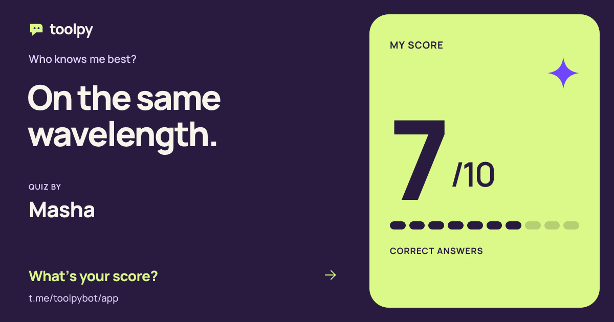 Sample result card: 7 out of 10 in Mia’s quiz